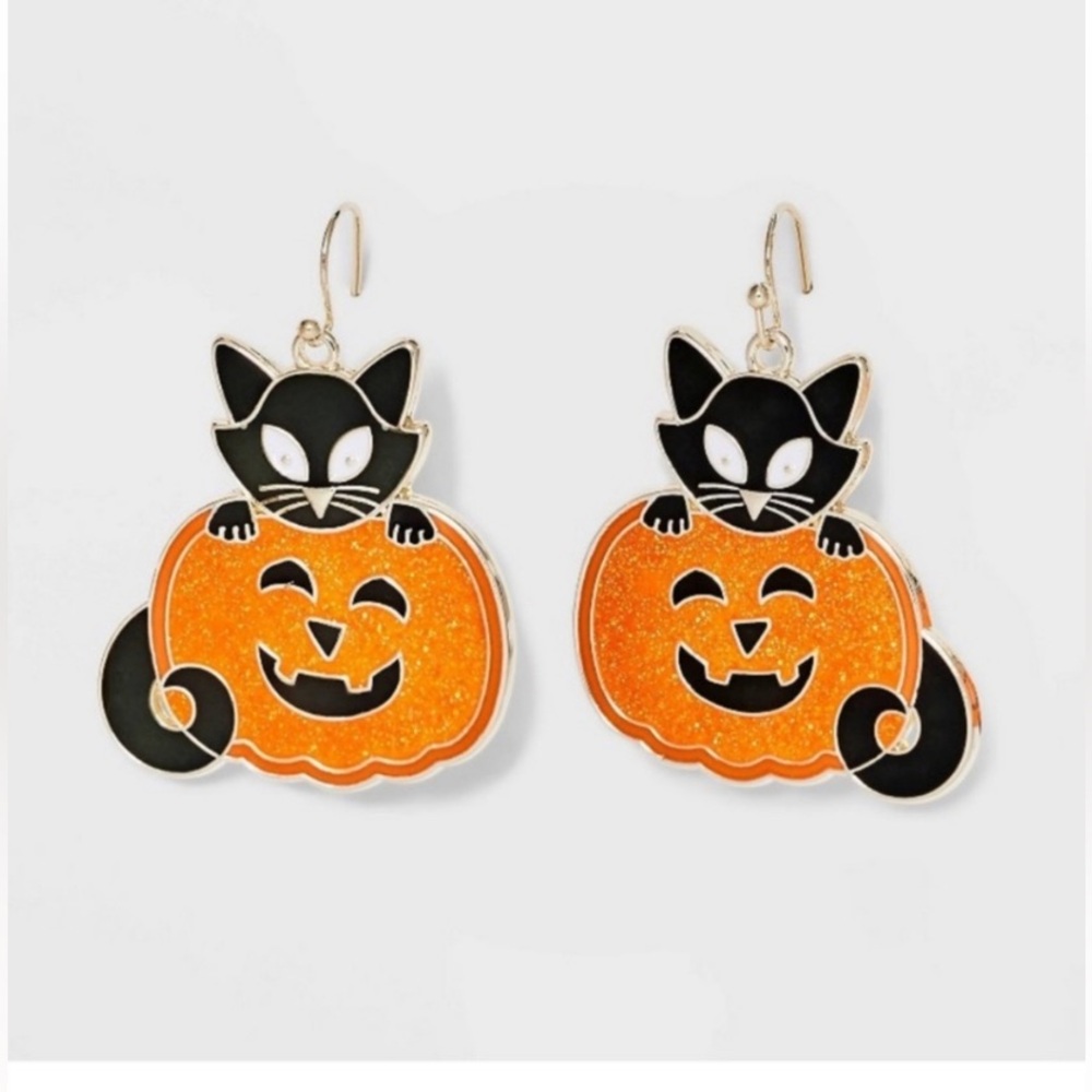 Spooky Black Cat in Pumpkin, Halloween, Nickel Free, Fish Hook Earrings, Pierced